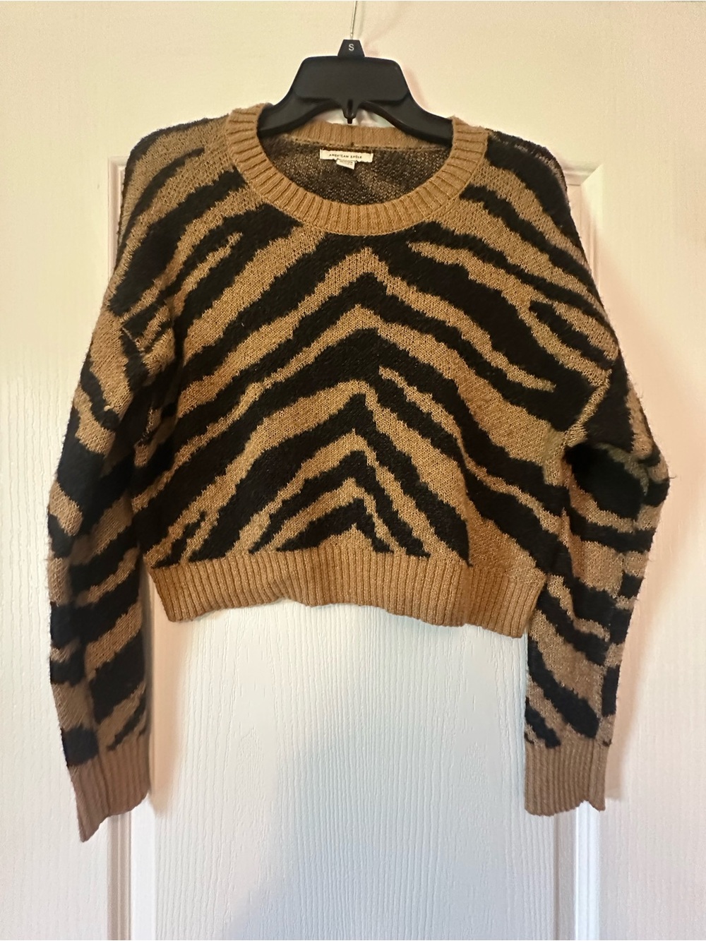 Women’s Oversized Tan and Black Zebra Print Cropped Crewneck Sweater